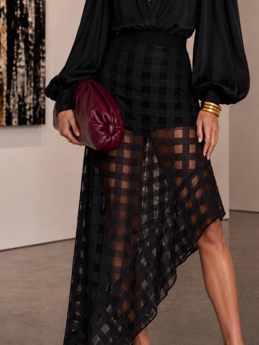 Parcel22 Black Sheer Wndowpane Asymmetrical Skirt - M